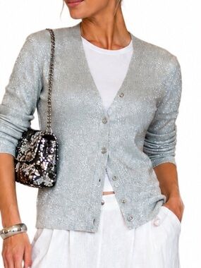 St. Michael's silver metallic V-Neck cardigan, Womens sz 14, lightweight,